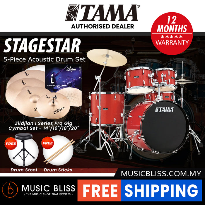 Tama Stagestar 5-piece Drum Set with Drumsticks and Throne - 22" Kick - Candy Red Sparkle