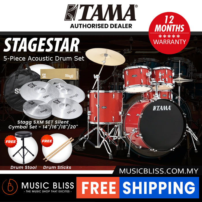 Tama Stagestar 5-piece Drum Set with Drumsticks and Throne - 22" Kick - Candy Red Sparkle