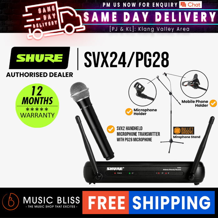 Shure SVX24 PG28 Handheld Wireless Microphone System SVX4 Diversity Receiver SVX2 Handheld Transmitter PG28 Microphone