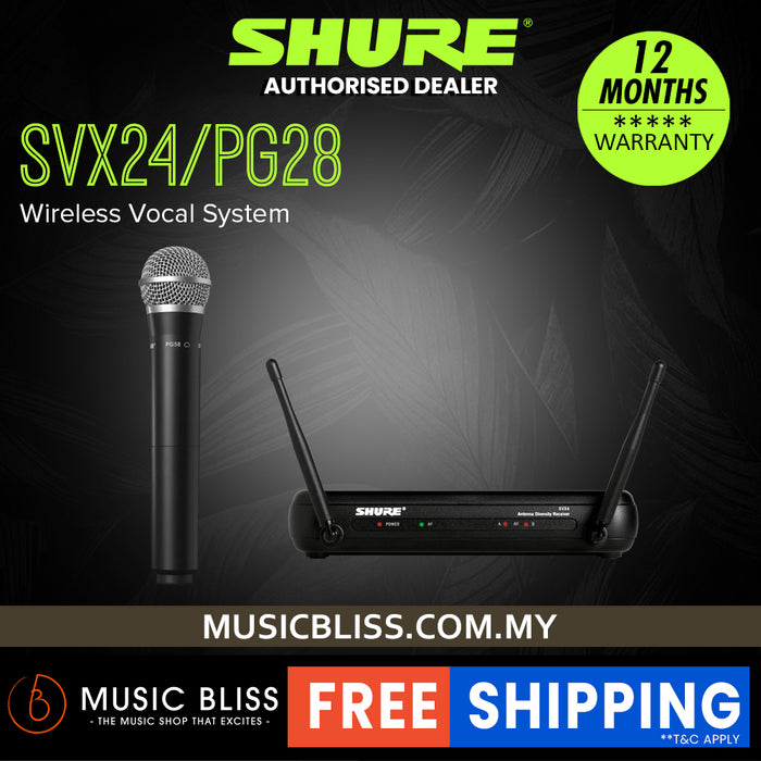 Shure SVX24/PG28 Handheld Wireless Microphone System, SVX4 Diversity Receiver, SVX2 Handheld Transmitter & PG28 Microphone