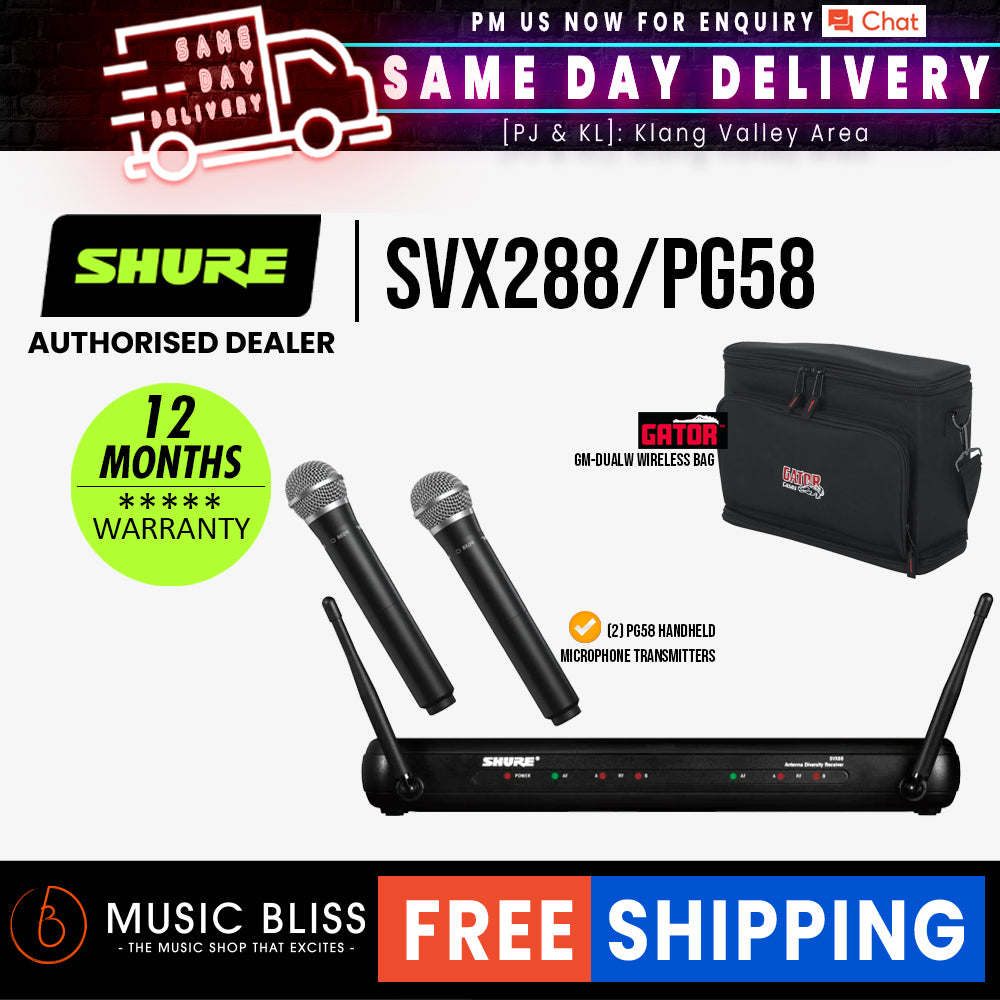 Shure SVX288 PG58 Dual Vocal Wireless System SVX88 Dual Diversity Receiver Dual PG58 Handheld Microphone