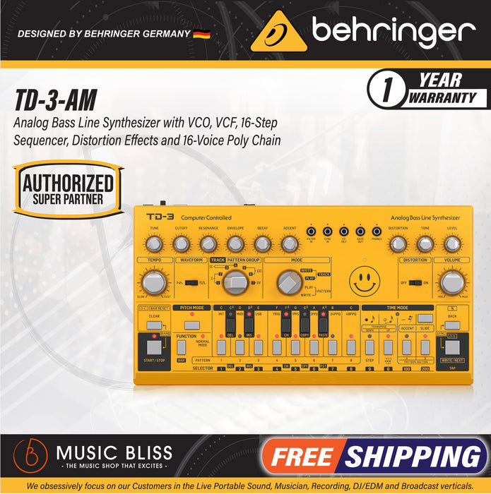 Behringer TD-3-AM Analog Bass Line Synthesizer - Yellow - Music Bliss Malaysia