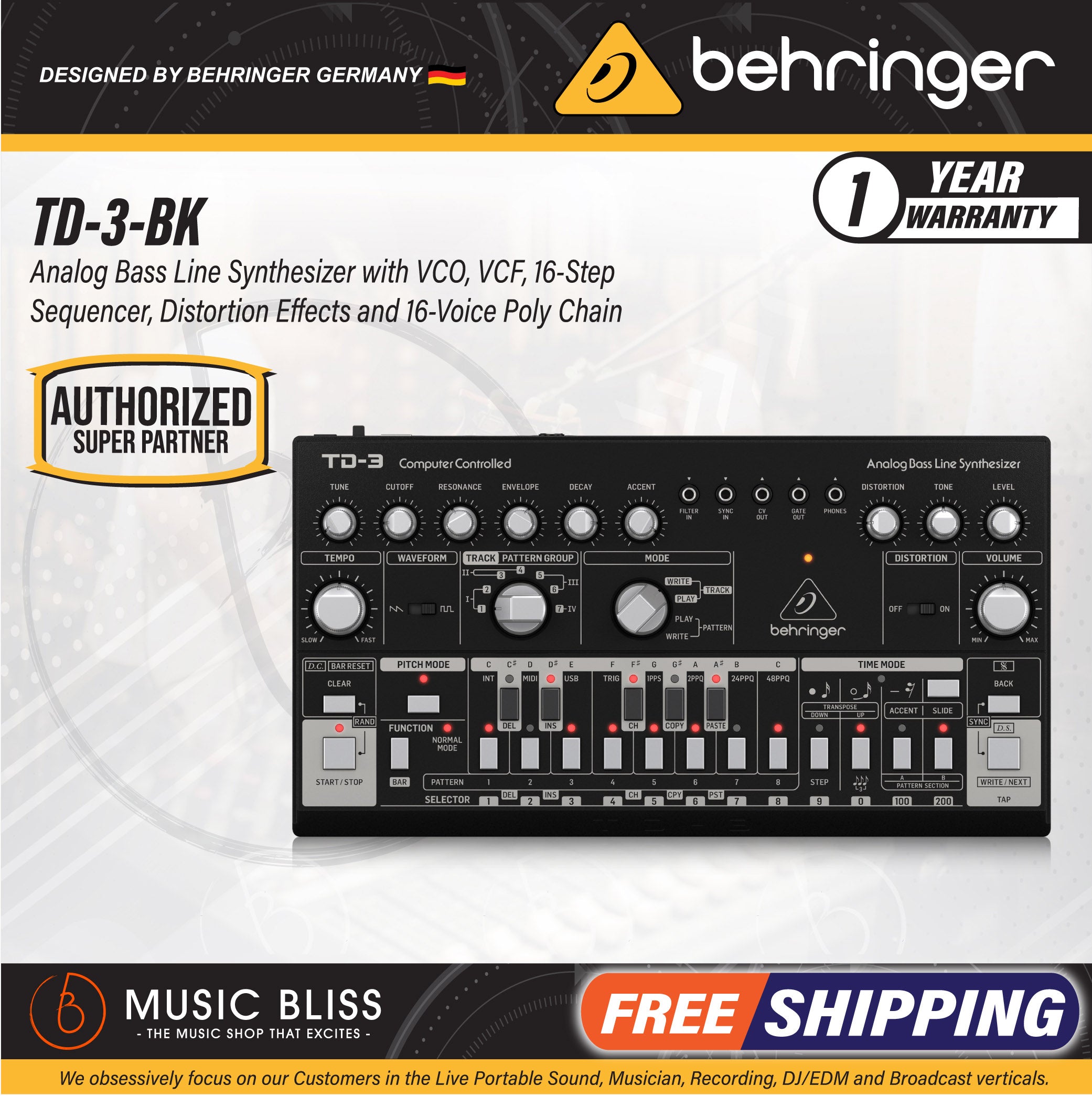 Behringer TD-3-BK Analog Bass Line Synthesizer - Black | Music