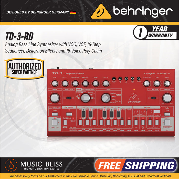 Behringer TD-3-RD Analog Bass Line Synthesizer - Red | Music Bliss