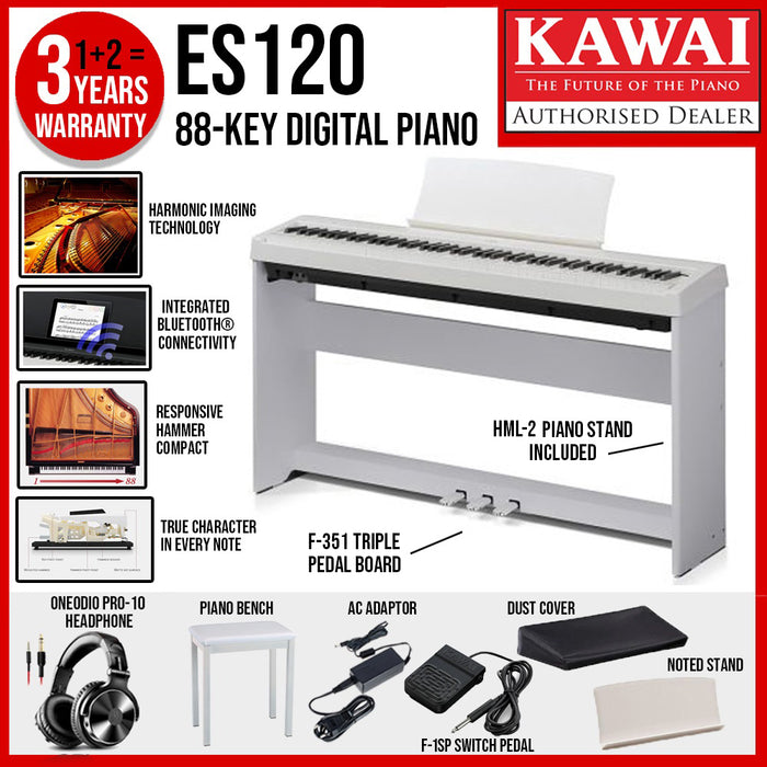 Kawai ES-120 Portable Digital Home Piano - White - Music Bliss Malaysia