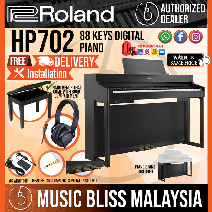 Roland HP702 88-keys Digital Piano with Piano Bench - Charcoal Black - Music Bliss Malaysia