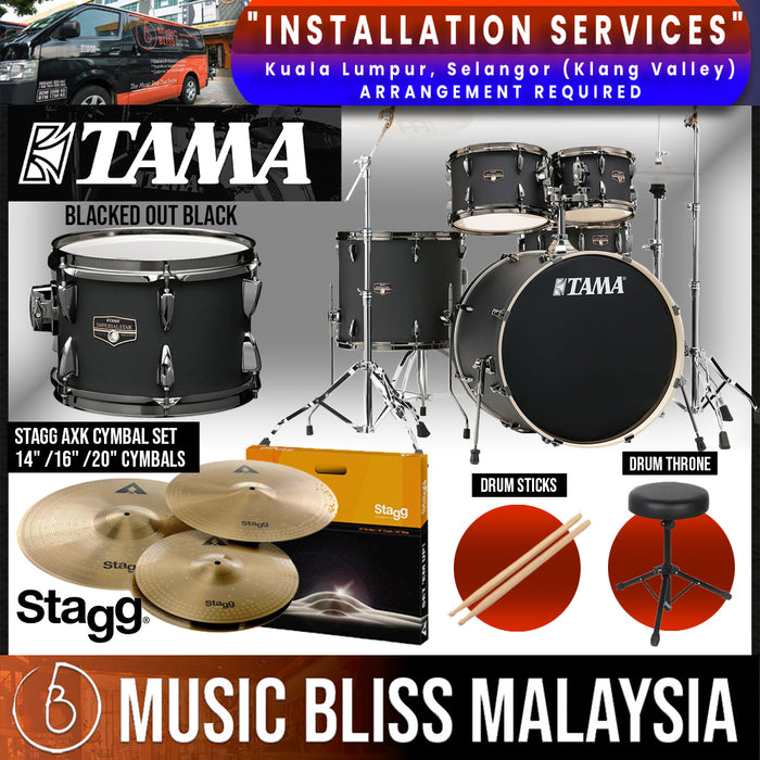 Tama Imperialstar 5-piece Drum Set with Drumsticks and Throne - 22" Kick - Blacked Out Black - Music Bliss Malaysia