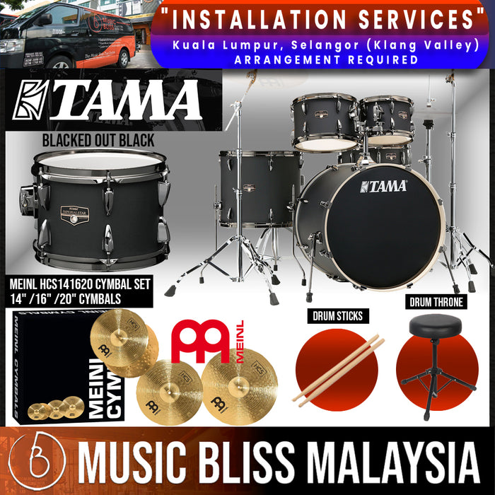 Tama Imperialstar 5-piece Drum Set with Drumsticks and Throne - 22" Kick - Blacked Out Black - Music Bliss Malaysia