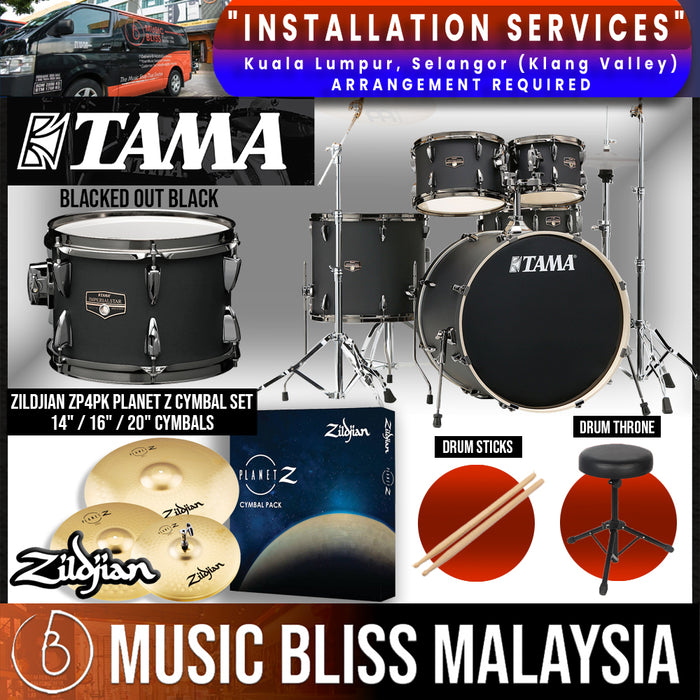 Tama Imperialstar 5-piece Drum Set with Drumsticks and Throne - 22" Kick - Blacked Out Black - Music Bliss Malaysia