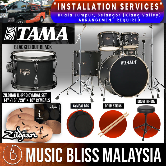 Tama Imperialstar 5-piece Drum Set with Drumsticks and Throne - 22" Kick - Blacked Out Black - Music Bliss Malaysia