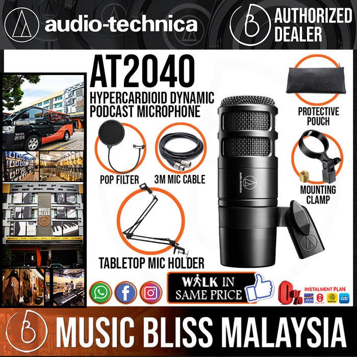 Audio Technica AT2040 Hypercardioid Dynamic Podcast Microphone with Pop Filter, Mic Holder and 3m Cable - Music Bliss Malaysia