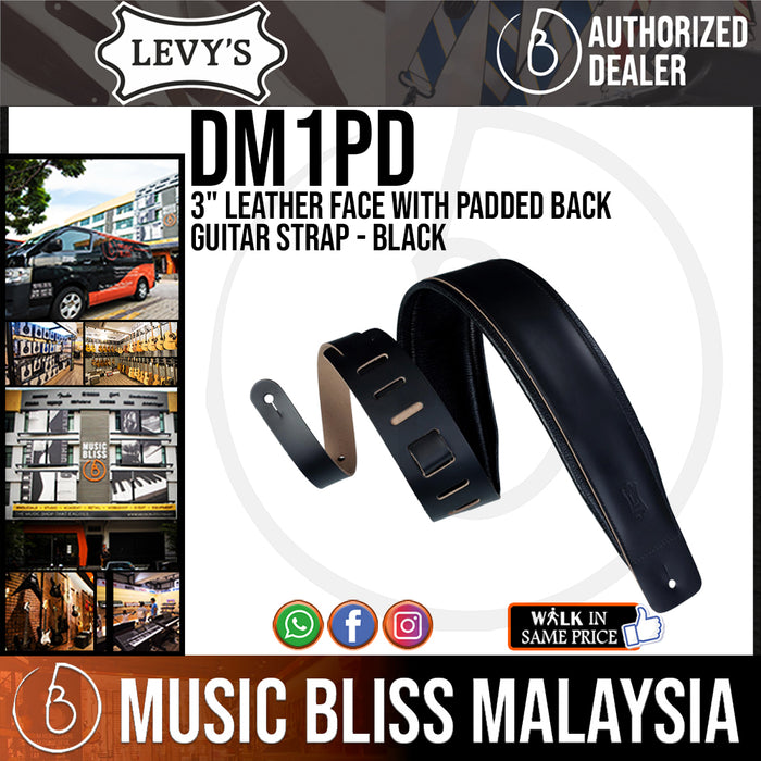 Levy's DM1 3" Leather Face with Padded Back Guitar Strap - Black - Music Bliss Malaysia