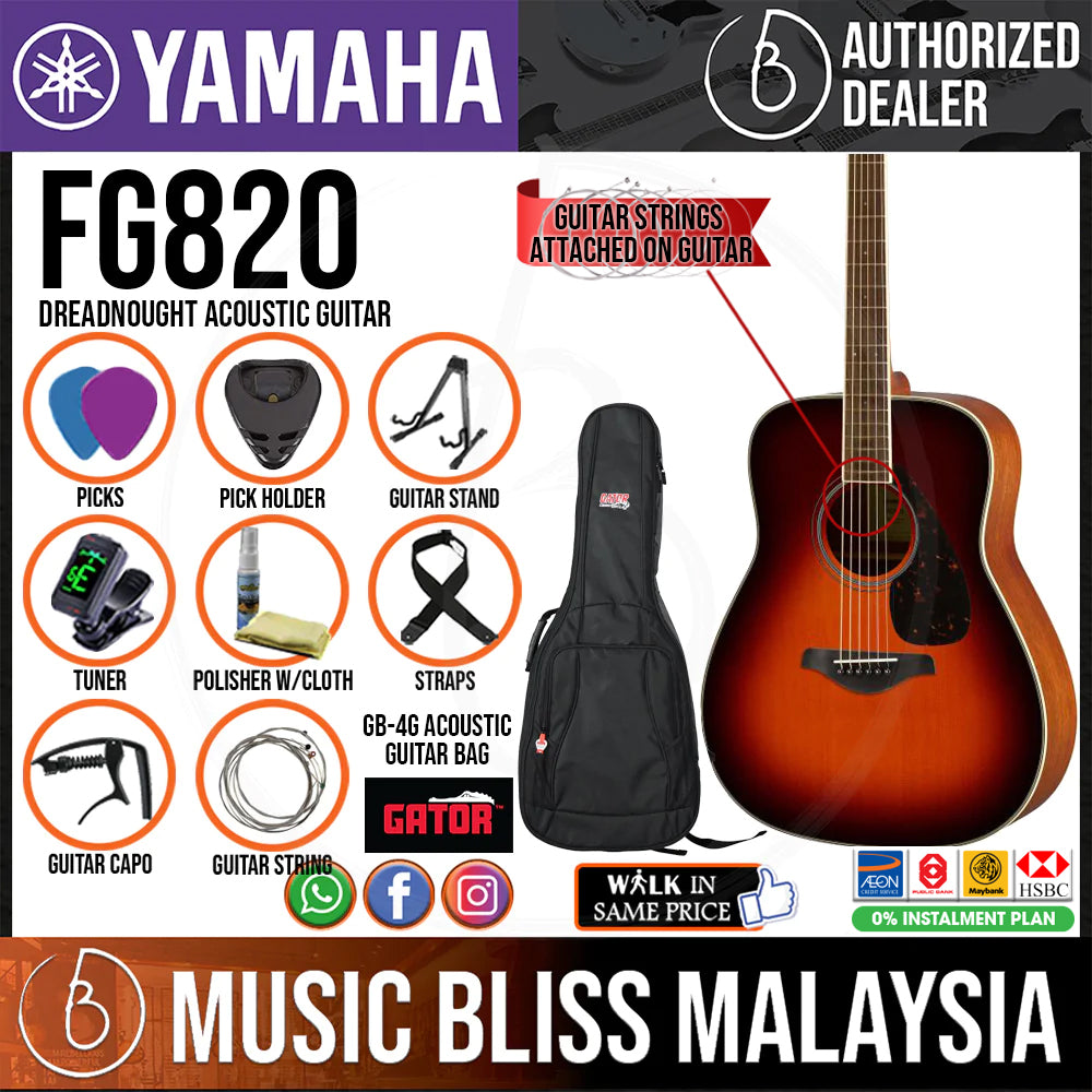 Yamaha FG820 Dreadnought Acoustic Guitar w/FREE Gator GB-4G